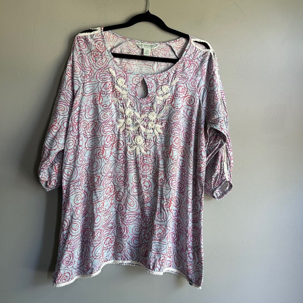 Noble Outfitters Womens Paisley Embroidered Cotton‎ Tunic Top Blue Pink Large